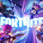 Characters and a car from Fortnite and LEGO spiraling around the game