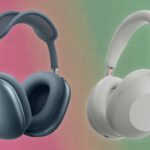 Two pairs of over-ear headphones, one dark gray and one light gray, placed against a gradient pink-to-green grid background.