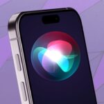 Smartphone displaying a colorful, glowing Siri icon on the screen, set against a purple geometric background.