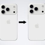 Two smartphones with the Apple logo; left has two rear cameras, right has three. A black right-pointing arrow between them.