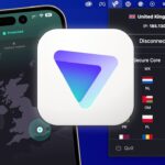 Smartphone displaying a VPN app with a map of Europe and flags. Prominent triangular logo in the foreground. Menu shows connection location as United Kingdom.