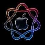 Colorful twisted infinity-shaped lines surrounding a metallic apple logo on a black background.