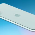 A light blue smartphone with a single camera lens and logo on the back, set against a gradient blue background.