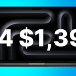 MacBook Pro screen with abstract black lines on bright blue background, bold text M4 $1,399 displayed prominently.