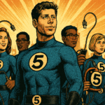 OpenAI CEO and co-founder Sam Altman wearing Fantastic Four style suit surrounded by similarly dressed men and women holding computer peripherals and cords in front of yellow sunburst
