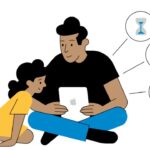 Man and girl with tablet, sitting together. Symbols of hourglass, PG rating, and Wi-Fi are nearby.