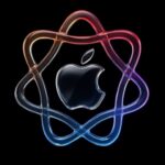 A glowing, colorful, intertwined ribbon pattern surrounds a metallic apple logo on a black background.
