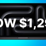 M4 MacBook Pro laptop with abstract screen design on a blue background. Bold white text reads, Now $1,299.