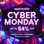 Colorful Cyber Monday sale banner featuring Apple products, including AirPods, MacBook, iPhone, and Apple Watch, with text stating up to 54 percent off on Apple and streaming services.