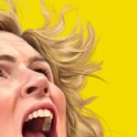 A close-up of a person with blonde hair, mouth open, looking upward against a bright yellow background.