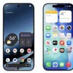 Two smartphones displaying home screens; left shows weather and Google apps, right shows notes and various Apple apps, both indicating Thursday, November 20 at 12:18.