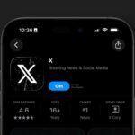 Close-up of an iPhone App Store screen showing the X app listing with black logo, Get button, 4.6-star rating, ages 16 plus, and top chart position in news