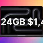 Open MacBook Pro laptop with dark abstract screen on a bright pink and yellow gradient background, overlaid large white text reading M5 24GB 1499 dollars