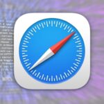 Safari web browser app icon featuring a blue compass with red and white needle on rounded white square, over blurred background of computer code and purple streaks