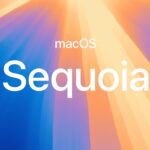 Colorful abstract background of blue and orange light rays radiating outward, with large white text reading Sequoia and smaller text above reading macOS