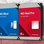 Two Western Digital 3.5 inch hard drives, WD Blue 1TB PC HDD and WD Red Pro 8TB NAS HDD, standing upright against a faded background of overlapping US dollar bills