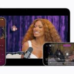Three Apple devices display a colorful podcast featuring two Black women talking into microphones on a cozy studio set with purple curtains and warm lighting