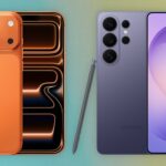Two smartphones side by side: orange iPhone with triple rear cameras on the left, purple Samsung phone with triple rear cameras and stylus on the right, both against a colorful gradient background