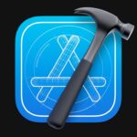 Xcode app icon showing a metallic hammer diagonally over a blue rounded square with white technical blueprints forming a stylized letter A on a dark background
