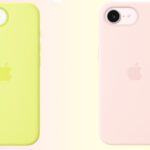 Two iPhones shown from the back, one with a bright yellow case and one with a pale pink case, both featuring the Apple logo and single camera against a pastel background