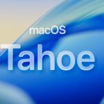 macOS Tahoe logo with large translucent text over a smooth blue and aqua abstract background, resembling curved glass waves with a soft gradient sky at the top