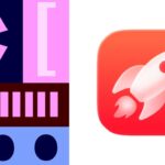 Colorful split graphic; left side shows abstract coding symbols and shapes, right side shows a glossy red square app icon with a white rocket ship blasting upward.