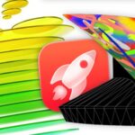 Colorful abstract art with green and yellow sweeping lines, a red rounded square icon showing a white rocket, and a multicolored triangular shape over a black geometric structure