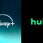 Sidebyside streaming service logos: Disney Plus in white on a teal gradient background on the left, and Hulu in bright green lowercase letters on a solid black background on the right