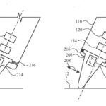 Technical diagram comparing two side views of a pen-like electronic device with internal components and a magnetized tip pivoting or rotating relative to a writing surface, indicated by arrows and dashed lines
