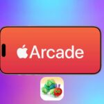 iPhone screen showing Apple Arcade logo on a red background, surrounded by colorful game icons including Dredge Plus, a cute pig game, and a caterpillar game on a gradient purple blue background