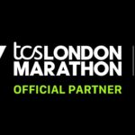 Black background featuring TCS London Marathon logo between stylized LM graphic and white Apple logo, with bright green text below reading OFFICIAL PARTNER