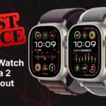 Two Apple Watch Ultra 2 models with colorful watch faces on dark background, bold red Best Price sale tag, and large text reading Apple Watch Ultra 2 Blowout indicating major discount promotion