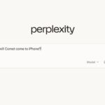 Perplexity search interface on a light background with a centered query box containing the text When will Comet come to iPhone and a model selection button on the right