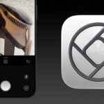 iPhone screen showing camera interface photographing an Apple Vision Pro headset, next to a silver app icon with a circular geometric logo on a dark gradient background