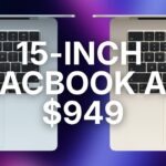 Two open MacBook Air laptops, silver and gold, shown from above on colorful background, with large centered text reading 15-inch MacBook Air 949 dollars