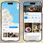 Two smartphones show Apple Maps: left screen displays a city map with restaurant pins; right screen shows detailed Angler seafood restaurant listing with photos, rating, directions, call, and website buttons.