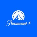Paramount Plus logo on bright blue background, featuring a white mountain inside a circle of stars above the cursive word Paramount followed by a plus symbol.