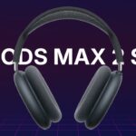 AirPods Max 2 over-ear headphones centered on a neon purple grid background with bold white text reading AIRPODS MAX 2 SALE and angled purple arrows pointing toward the headphones