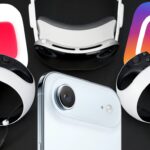 White VR headset and two motion controllers surround a smartphone camera, with large YouTube and Instagram app icons in the background on a dark surface.