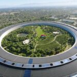 Aerial view of a giant circular office complex surrounding a lush park with trees, walking paths, a pond, small buildings, and a colorful rainbow-shaped structure in the center
