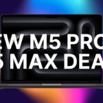 Open Space Black MacBook Pro laptop with abstract dark screen pattern, overlaid large white text reading NEW M5 PRO & M5 MAX DEALS, on a colorful purple, blue, and orange gradient background