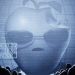 Crowd of silhouetted people watches a giant retro screen showing a talking apple with sunglasses and a worm, styled like a dystopian broadcast with date and time overlays