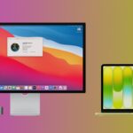 Mac desktop monitor with macOS Big Sur, a gray Mac mini below, and a yellow laptop showing abstract green and blue shapes, all on a pink-to-green gradient background