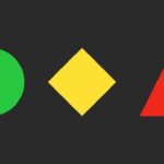 Green circle, yellow rotated square, and red triangle arranged horizontally on a dark gray background