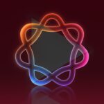 Glowing multicolored looped ribbon forming a rounded star shape around a dark central hexagon, on a deep maroon background with subtle reflection below