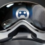 Close-up of a sleek black and silver VR headset with reflective visor, showing multiple cameras and a glowing white controller icon centered on the front.