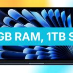 Open MacBook Air laptop with abstract blue screen pattern, overlaid by bright teal banner displaying white text: 24GB RAM, 1TB SSD, against a yellow and blue gradient background