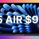 Open Midnight MacBook Air 13-inch laptop with blue abstract wallpaper on screen, large white text reading M5 AIR $949 over a bright pink, yellow, and teal gradient background.